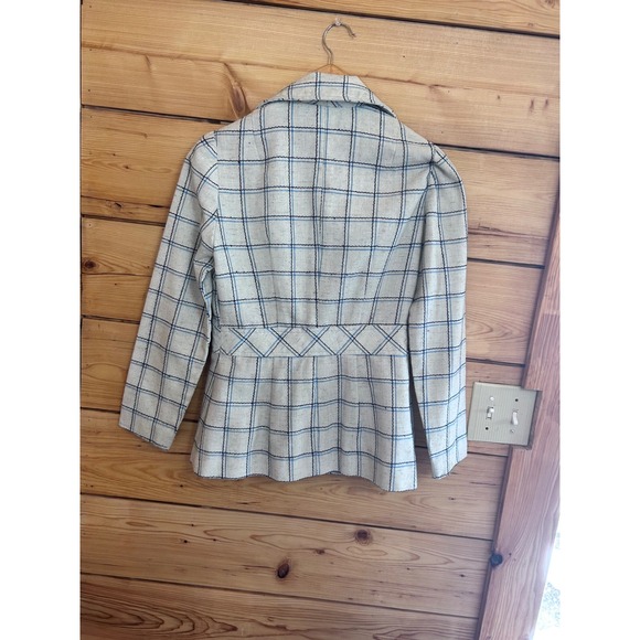 Vintage Plaid Linen Blazer Blue White Windowpane Check Tailored Jacket Handmade - Picture 8 of 11